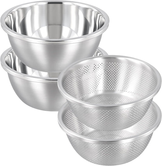 4 PCS 5QT Stainless Steel Colander Set with Mixing Bowls, Multi-Use Kitchen Strainer for Washing Vegetables Fruits Rice, Dishwasher Safe
