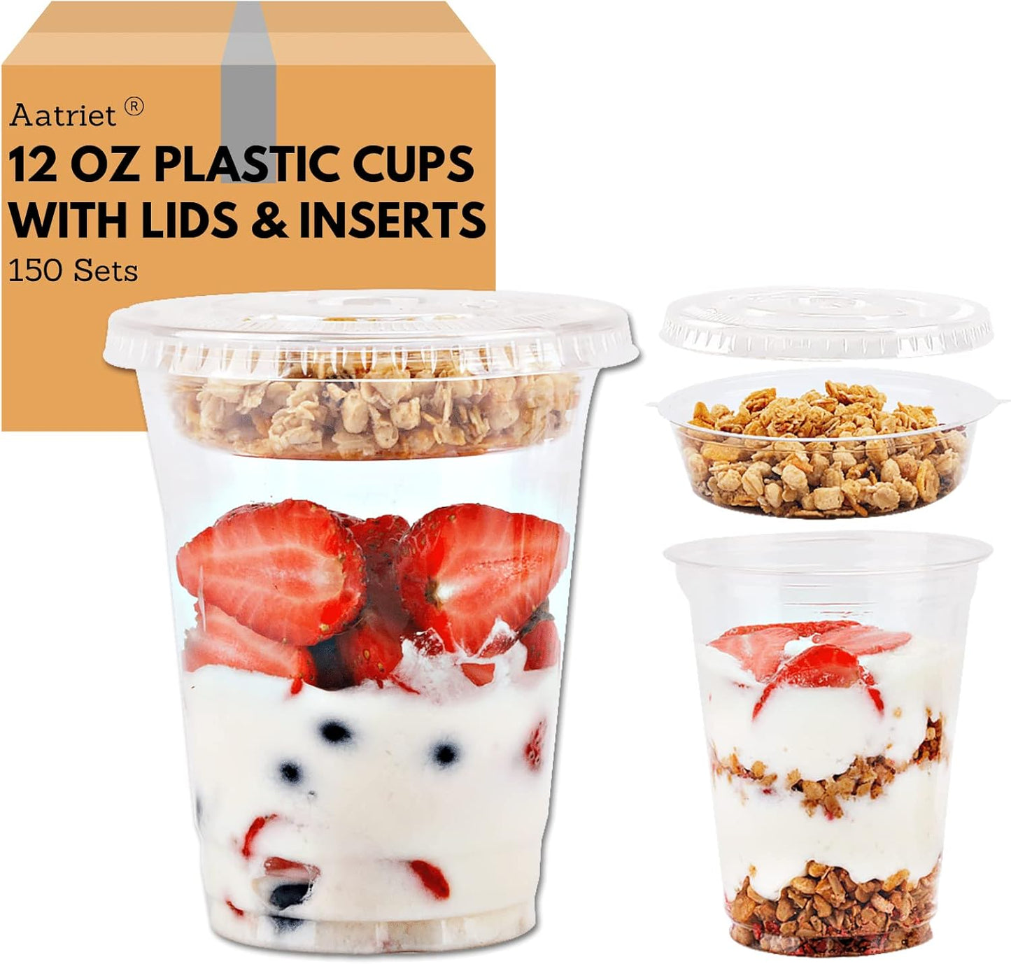 Aatriet 12 oz Clear Plastic Parfait Cups with Insert 3.25oz & Dome Lids No Hole - (20 Sets) Yogurt Fruit Parfait Cups, for Dips and Veggies, Take Away Breakfast and Snacks. No Leaking