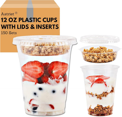 Aatriet 12 oz Clear Plastic Parfait Cups with Insert 3.25oz & Dome Lids No Hole - (20 Sets) Yogurt Fruit Parfait Cups, for Dips and Veggies, Take Away Breakfast and Snacks. No Leaking