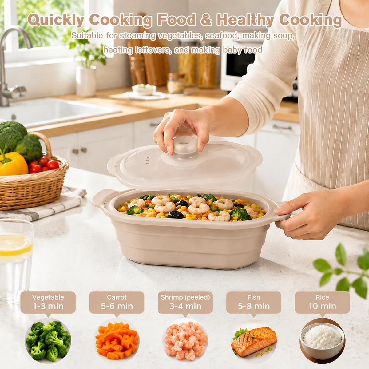 40oz Silicone Microwave Steamer For Cooking Food, Vegetable Steamer, Grey