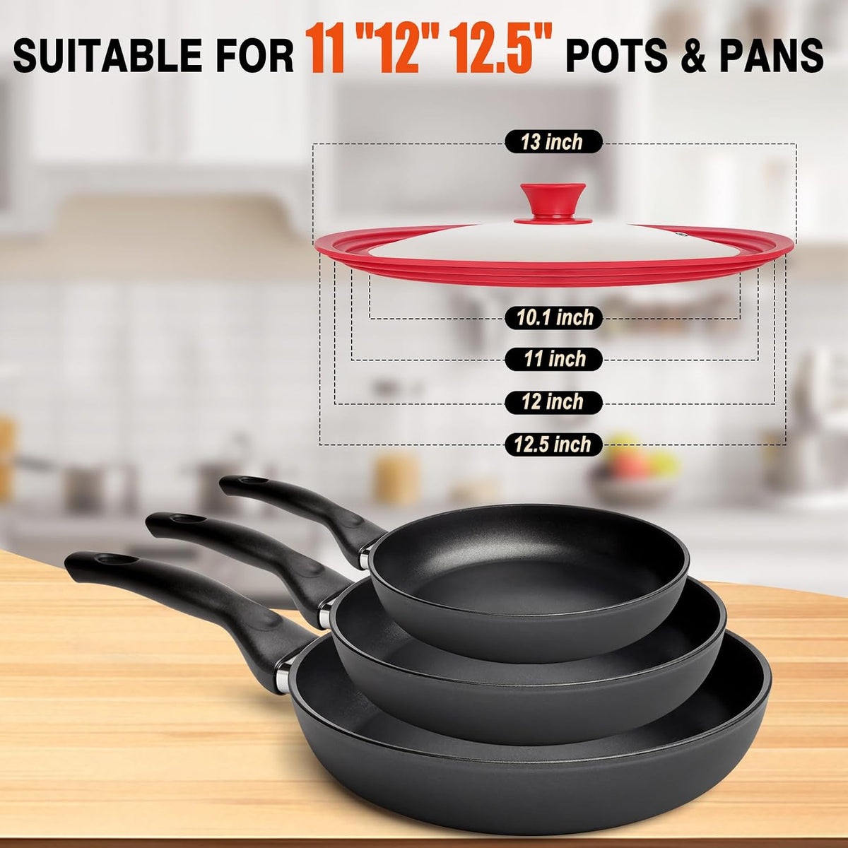 Universal Lid for Pots Pans and Skillets,Replacement Pan Lid with Tempered Glass and Heat-Resistant Silicone Edge,Durable Frying Pan Cover (7",8",9" & 10",11",12"-White)