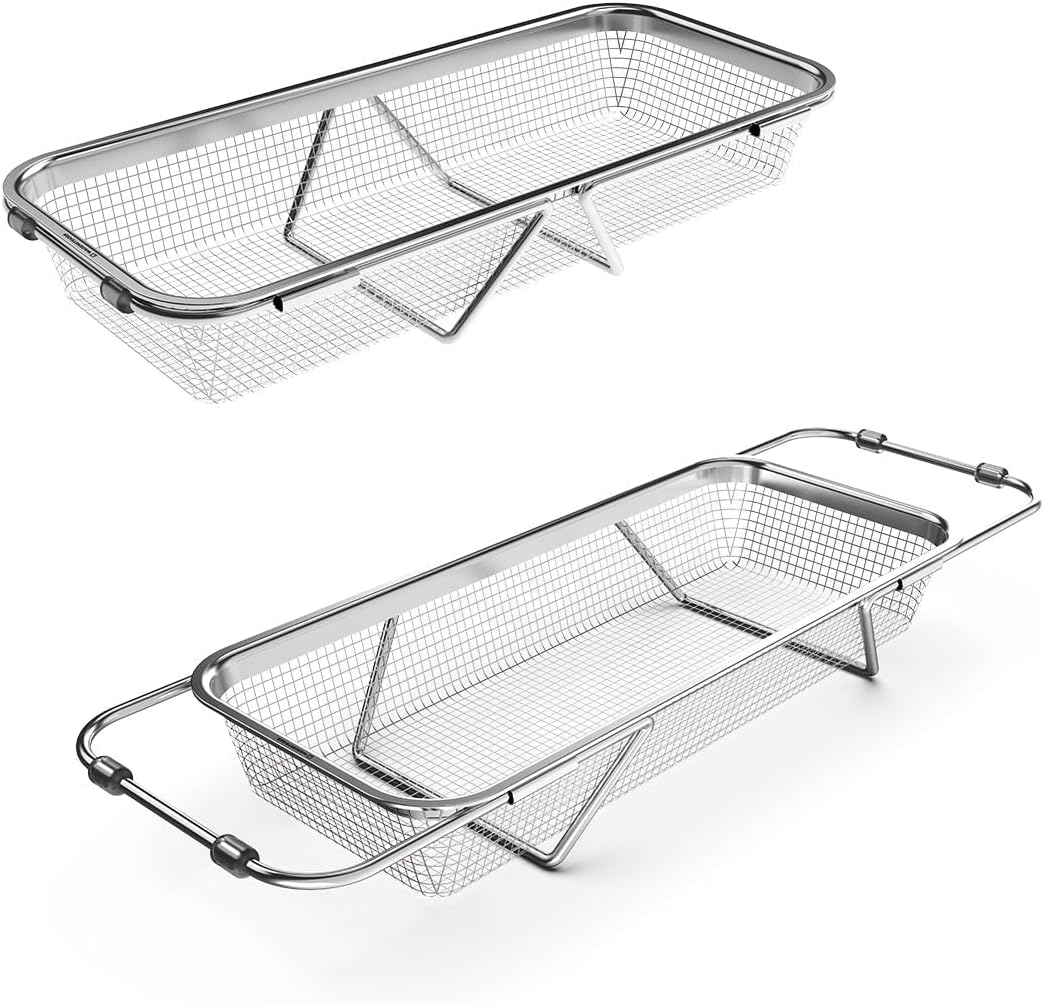 WAGENSTEIGER Extendable Dish Rack with Feet, Vegetable Colander Basket, Stainless Steel Dish or Silverware Drying Rack, Ultimate Kitchen Organizer Over the Sink (11.81 x 8.27 x 2.76 Inches)