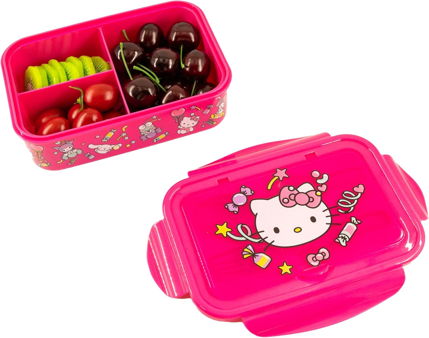 Fast Forward Hello Kitty Bento Lunch Box for Kids | Sanrio Food Container with Utensils | BPA-Free Toddler Lunch Kit with 3 Compartments | Bento Snack Box with Spoon & Fork