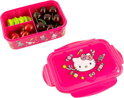 Fast Forward Hello Kitty Bento Lunch Box for Kids | Sanrio Food Container with Utensils | BPA-Free Toddler Lunch Kit with 3 Compartments | Bento Snack Box with Spoon & Fork