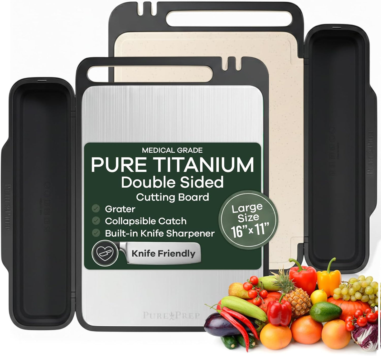 PURE-PREP Titanium Cutting Boards for Kitchen - Titanium Cutting Board Set for Kitchen Use - Metal Chopping Board with Collapsible Catch, Grater, Knife Sharpener, Double-Sided Design - Large 16”x11”