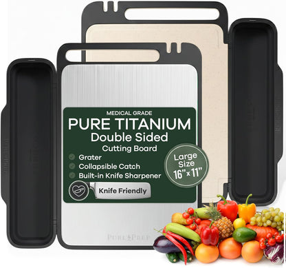 PURE-PREP Titanium Cutting Boards for Kitchen - Titanium Cutting Board Set for Kitchen Use - Metal Chopping Board with Collapsible Catch, Grater, Knife Sharpener, Double-Sided Design - Large 16”x11”