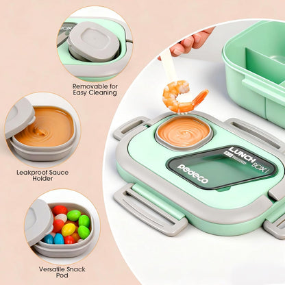 PEDECO All-in-one Bento Lunch Box Set for Adults & Kids with Insulated Bag, Leakproof 3-Compartment and 2-Tier Stackable Container with Portable Sauce Pod, Microwave/Dishwasher Safe, BPA-Free (White)
