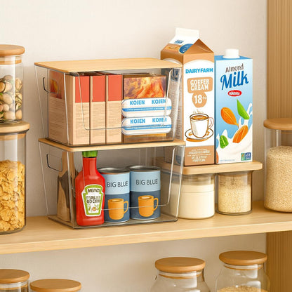 CiWiVOKi 6 Pack Clear Stackable Storage Bins with Bamboo Lids, 3.7L BPA-Free Plastic Organizer Containers with Handles, for Pantry, Kitchen, Fridge, Bathroom, Cabinet & Closet Organization