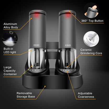 EIHO Electric Salt and Pepper Grinder Set USB Rechargeable, Upgraded External Adjustable Coarseness, Stainless Steel Automatic Salt and Pepper Shakers Mills with LED Light, House Warming Cooking Gifts