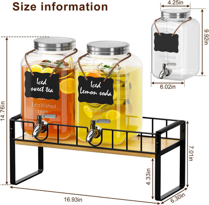 2-pack 1 Gallon Drink Dispenser,Glass Beverage Dispenser with Spigot,Lemonade dispenser Bamboo Stand for Outside, Glass Drink Dispensers for Parties with Ice Core