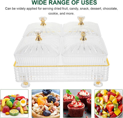 Luxshiny 7.28 Inch Snack Platter with 4 Covered Bowls and Tray Divided Serving Plate for Dried Fruit Candy Nuts Party and Home Entertaining Food Storage Bowl