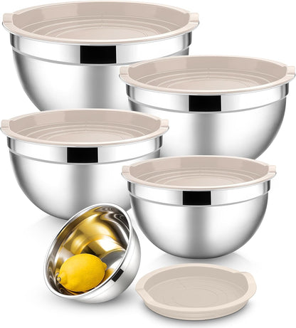 E-far Mixing Bowls With Lids Sets of 5, 10-Piece Stainless Steel Salad Metal Nesting Bowl for Baking Cooking and Prepping, Airtight Lid & Stackable Design, Size 4.6, 3, 2.1, 1.5, 0.7 QT, Black