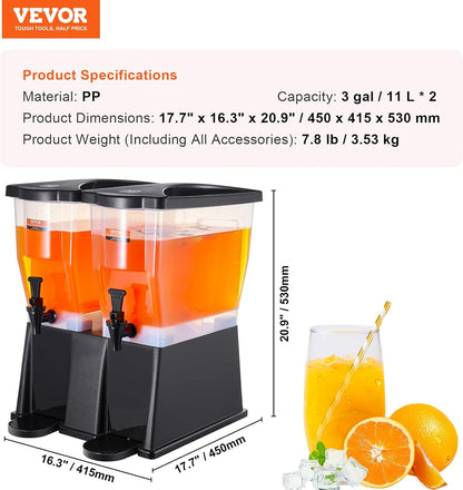 VEVOR Beverage Dispenser, 3 Gallon x 2 Drink Dispensers for Parties, Plastic Juice Dispenser with Stand Spigot Lid, Iced Tea Lemonade Juice Water Dispenser, for Restaurants, Hotels, Parties