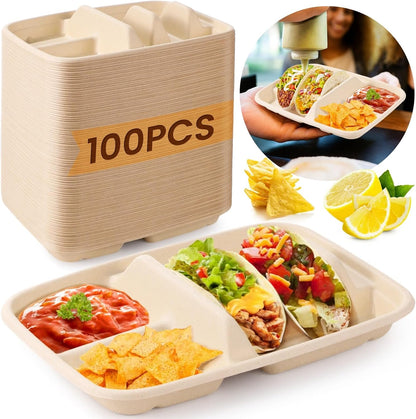 100 PCS Disposable Taco Holders, Bagasse Pulp 2-Slot Taco Plate with Side Compartments, Safe Plant Fiber Tray for Taco Tuesday, Party, Sandwich, Hot Dog, Sauce & Snack Serving, Thick(100)