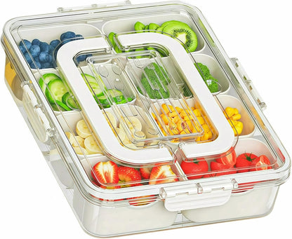 Dimber Snackle Box Container, Divided Serving Tray with Lid and Handle, Adding Cutlery Organizer, 8 Fruit Forks, 2 Spoons, Snackle Box for Sports Events, Candy, Fruits, Snacks,Salad Bar(1-Pack)
