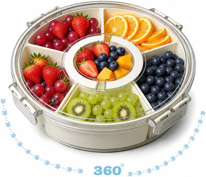 Snackle Box Container with Lid & Handle, 6 Compartment Snack Tray for Kids & Adults, Portable Serving Tray for Fruit, Veggies, Candy & Snacks, Rotating Organizer for Travel, Party & Movie Night