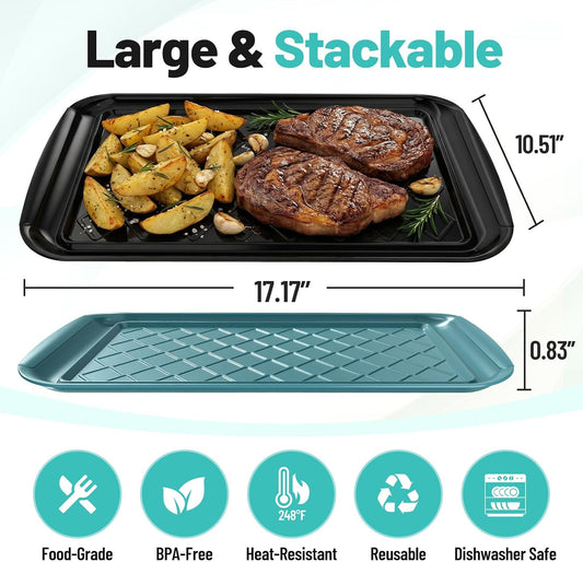 Grilling Prep & Serving Tray, Set of 2 Stackable Plastic BBQ Trays for Raw and Cooked Food, Dishwasher Safe, 17"×10.5" Outdoor Cooking, BBQ Accessories for Parties, Green & Black