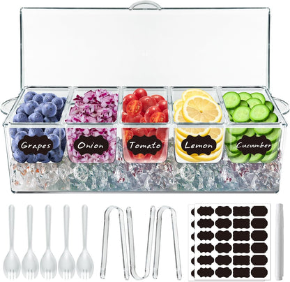 Ice Chilled Party Platter, 15 Inch Clear Veggie Fruit Trays with Lid and Dip, Cold Food Serving Trays for Parties, Charcuterie Boards with Ice Tray on Bottom