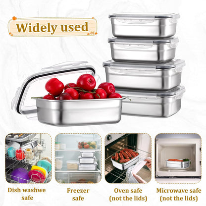 10 PCS 304 Stainless Steel Food Storage Containers with Proof & Airtight Lids, Reusable Meal Prep Containers, Lunch Boxes, Kimchi, ContainersOven/Dishwsher/Freezer Safe