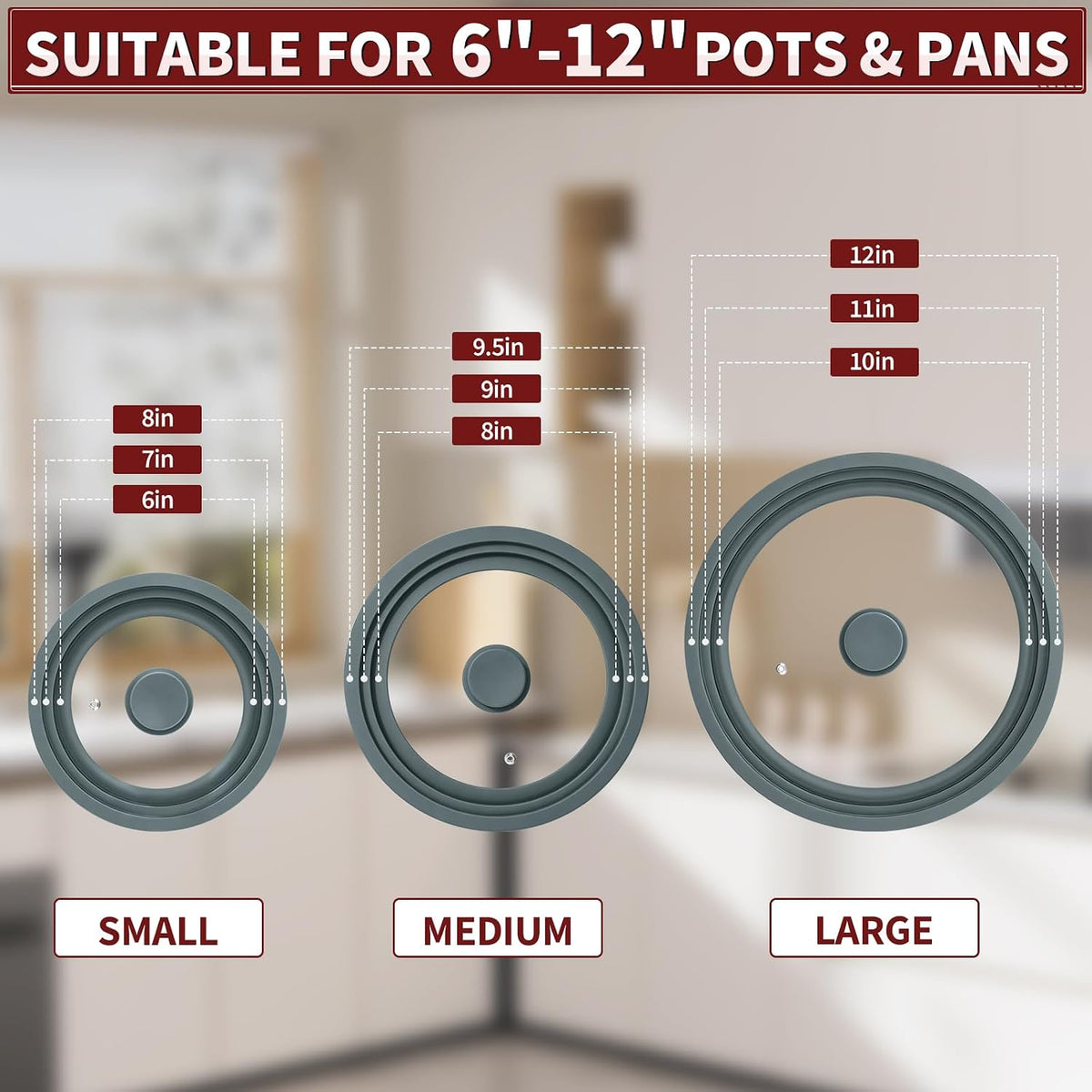 3 Pack Universal Pan Lids,Replacement Pan Lid Fits 6", 7" 8" & 8", 9" 9.5" & 10", 11" 12" Cookware,Tempered Glass Pan Cover with Heat Resistant Rim for Skillets, Pots, Frying Pans & CrockPot