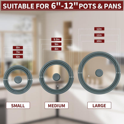 3 Pack Universal Pan Lids,Replacement Pan Lid Fits 6", 7" 8" & 8", 9" 9.5" & 10", 11" 12" Cookware,Tempered Glass Pan Cover with Heat Resistant Rim for Skillets, Pots, Frying Pans & CrockPot