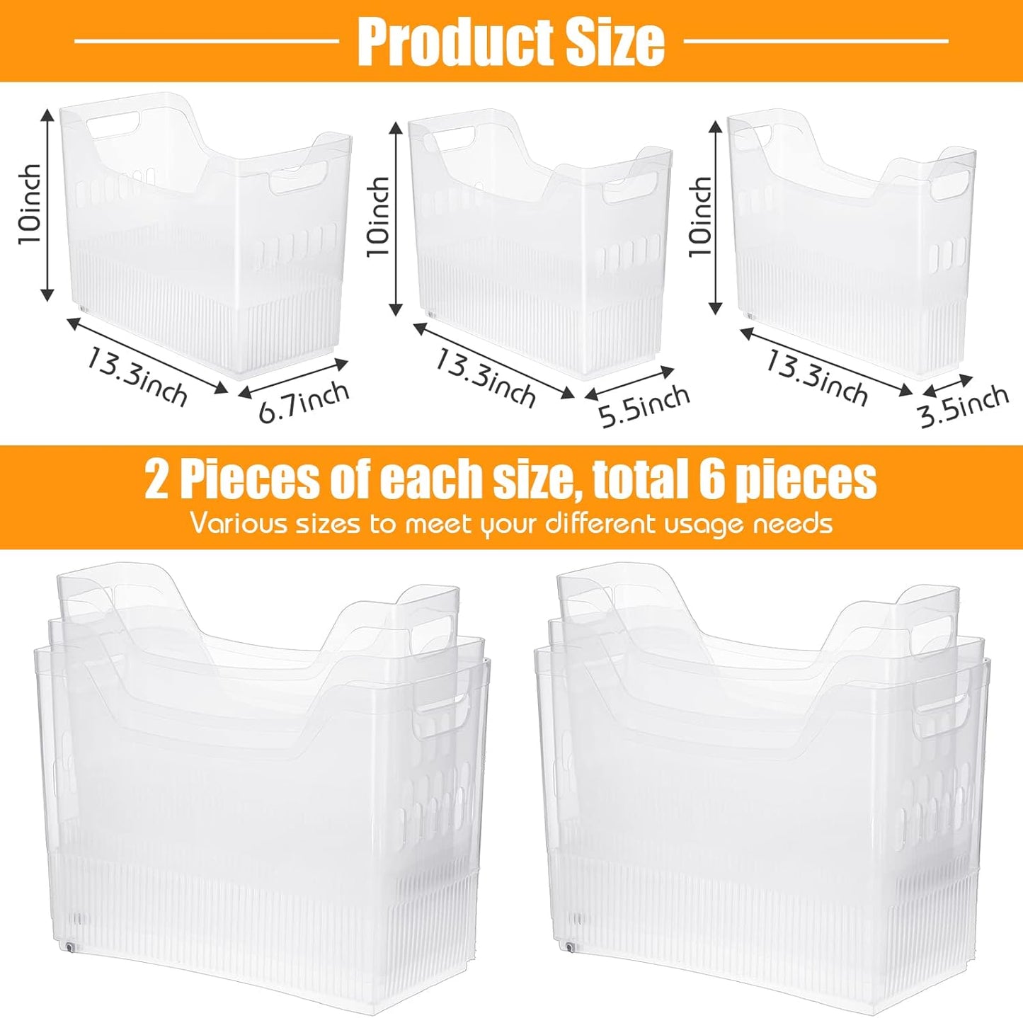 Qunclay 6 Plastic Freezer Organizer Bins with Wheel Set Clear Tall Narrow Kitchen Pantry Organizer Snack Storage Containers for Office Refrigerator(3 Sizes)