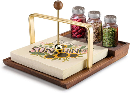 Wooden Napkin Holder with Salt and Pepper Shaker Holder, Two-in-one storage for napkins and seasoning bottles, Malfunction Salt Pepper Storage Holder and Napkin Caddy for Kitchen, Restaurant