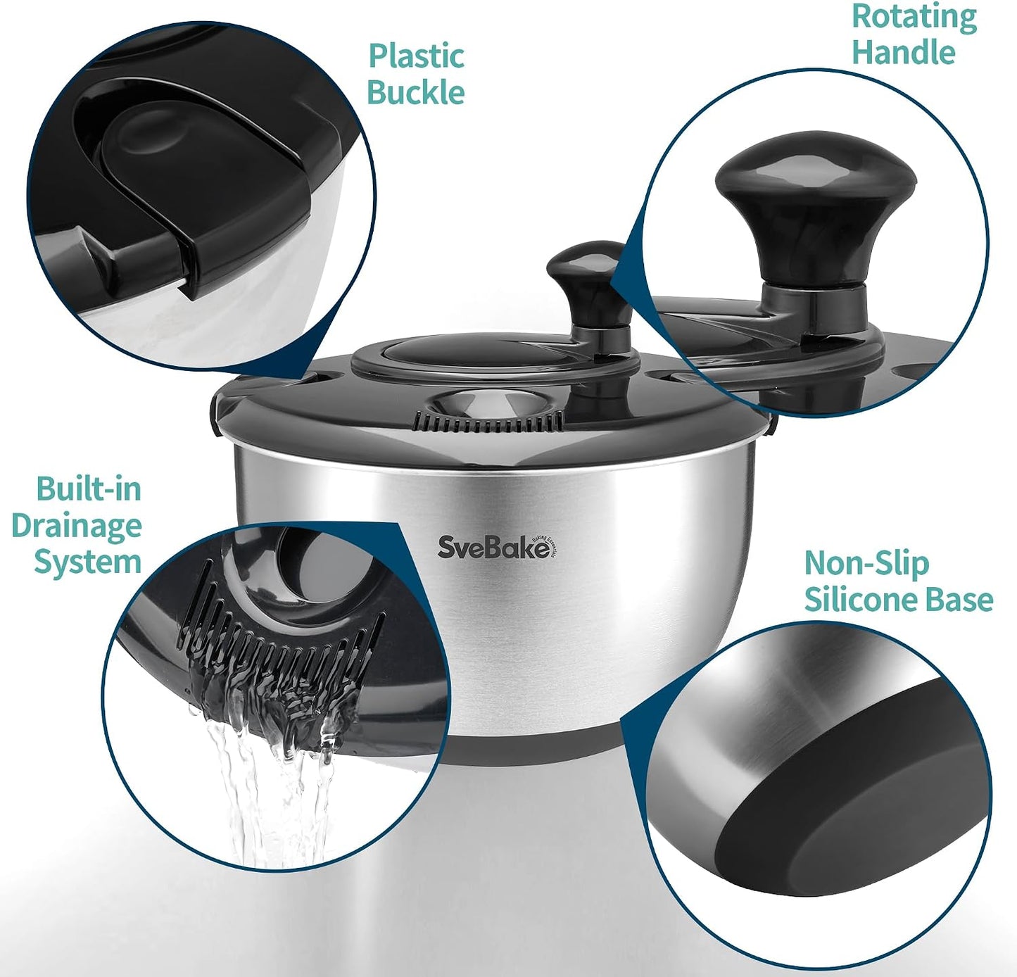 Stainless Steel Salad Spinner, 4.8 Qt Vegetable Washer, BPA-Free Lettuce Dryer with Crank Design, Dishwasher Safe, Non-Slip Base - Transparent Lid