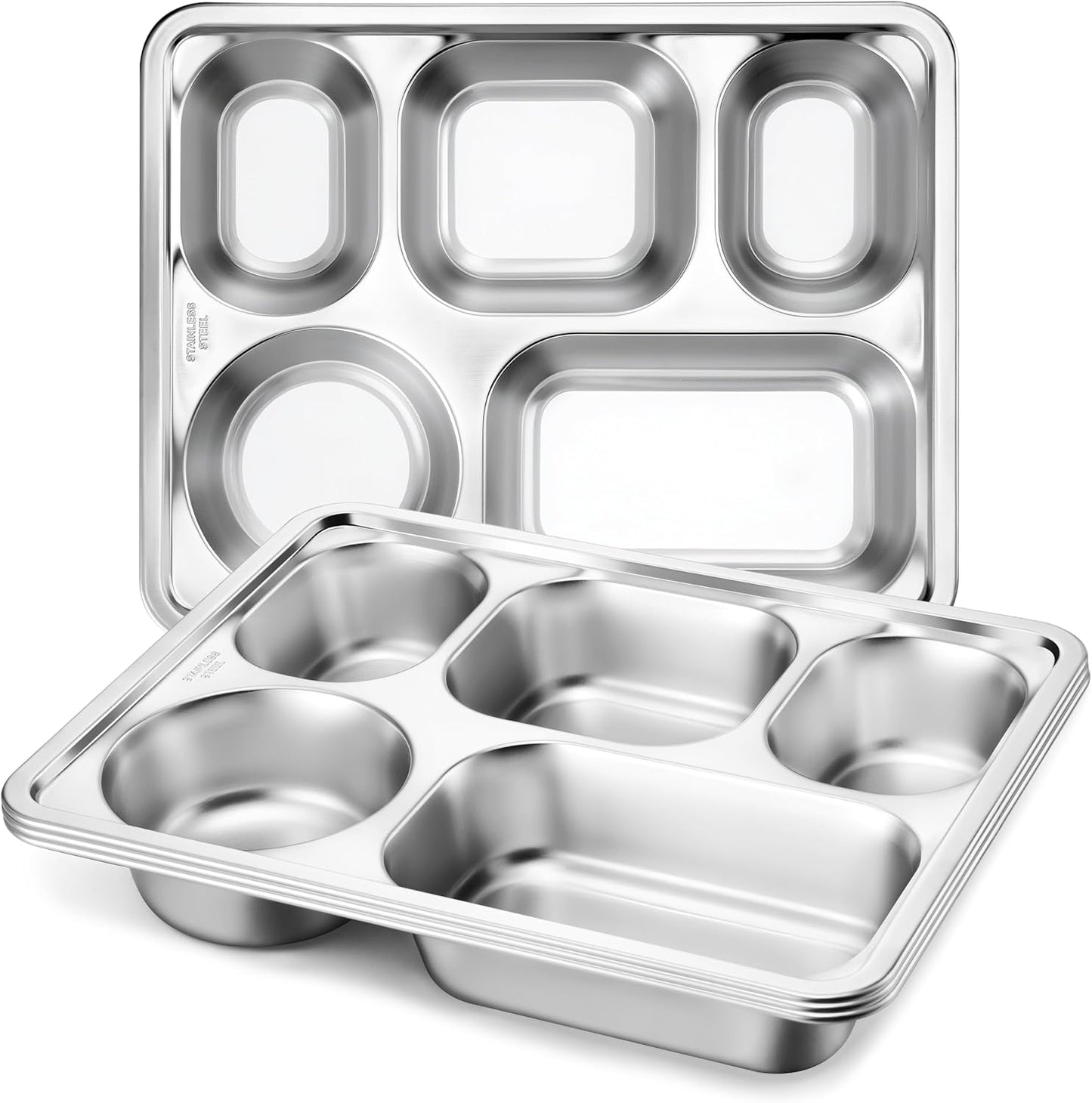 HaWare Toddler Stainless Steel Divided Plates Tray with 5-Compartment, Kids Adults Control Dinner Plates for Lunch Camping Dinner, Stackable Reusable Serving Platter, 2-Pack