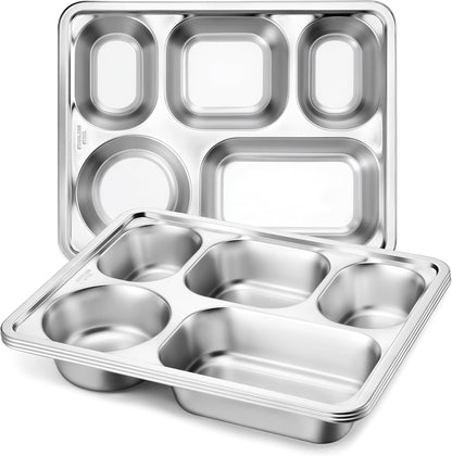 HaWare Toddler Stainless Steel Divided Plates Tray with 5-Compartment, Kids Adults Control Dinner Plates for Lunch Camping Dinner, Stackable Reusable Serving Platter, 2-Pack