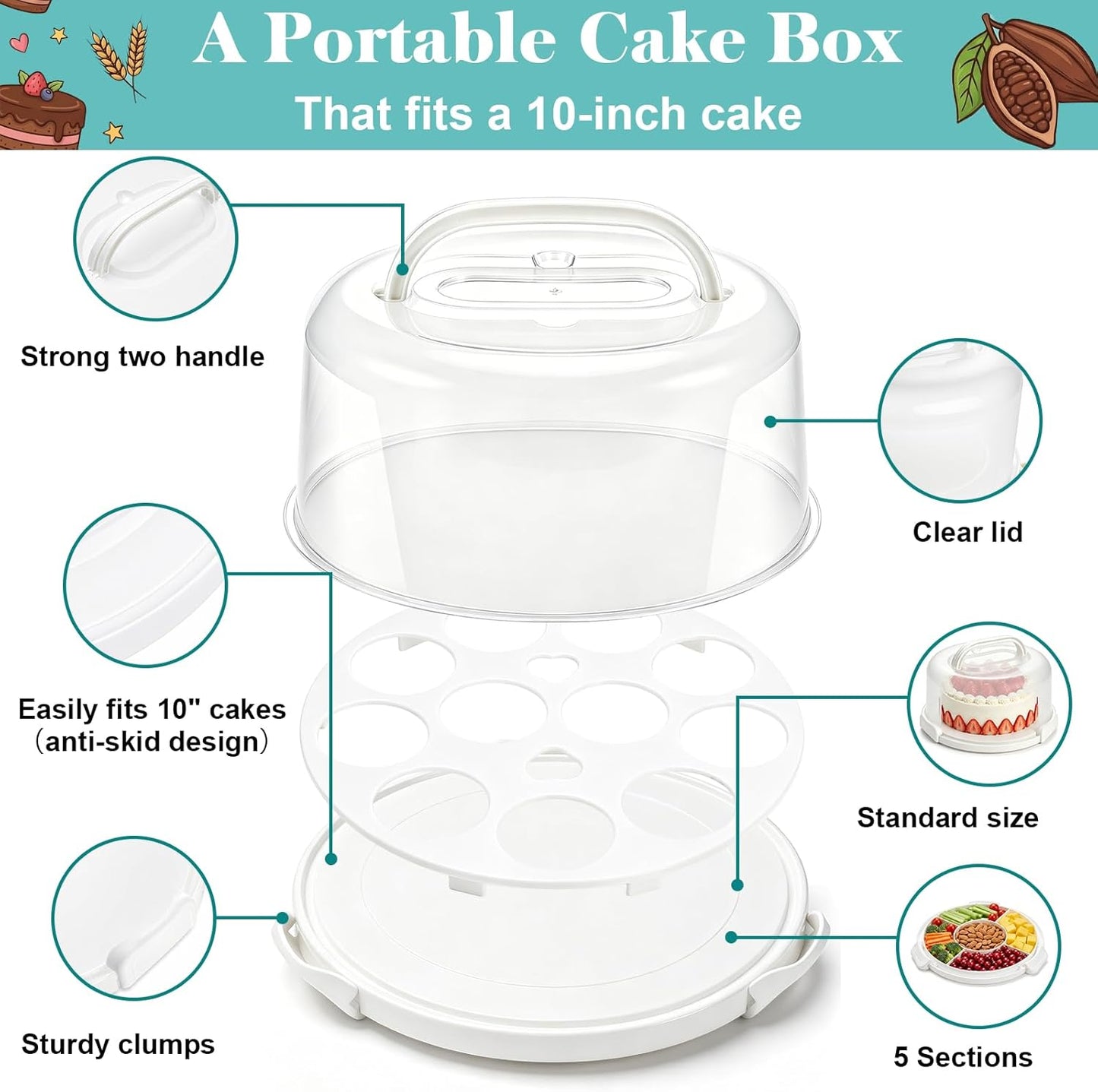 Yesland Cake Carrier with Collapsible Handle - White Cake Container and Holder with Lid - Portable Plastic Round Cake Cover for 10 inch Cake, Pies, Cookies, Nuts, Muffins, Cupcakes and Fruit