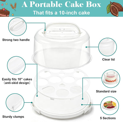 Yesland Cake Carrier with Collapsible Handle - White Cake Container and Holder with Lid - Portable Plastic Round Cake Cover for 10 inch Cake, Pies, Cookies, Nuts, Muffins, Cupcakes and Fruit