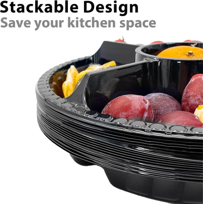 12Pcs Disposable Fruit Trays, Round Plastic Appetizer Serving Tray with Lid 5 Compartment Party Platters Divided Food Dip Containers for Snack Vegetable Salad Veggie Fruit Organizer-Black