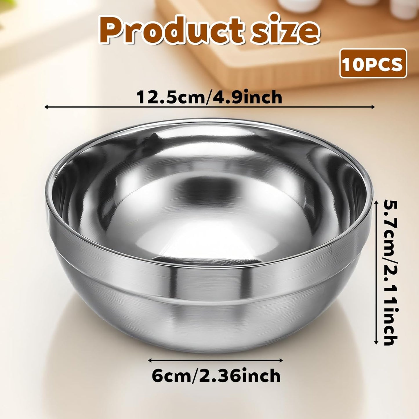 10 Pack Stainless Steel Bowls, 5 Inch Snacks Bowl 15 Oz Soup Bowl Double Walled Insulated Metal Serving Dishes for Sauces, Rice, Noodle, Ice Cream