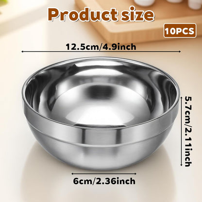 10 Pack Stainless Steel Bowls, 5 Inch Snacks Bowl 15 Oz Soup Bowl Double Walled Insulated Metal Serving Dishes for Sauces, Rice, Noodle, Ice Cream