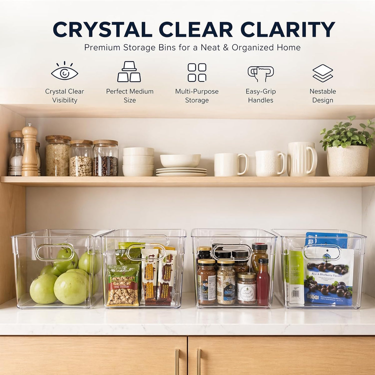 MOONEDGE 6 Pack Clear Organizer Bins 11x8x6in Pantry Organizers and Storage | Clear Containers for Organizing, Plastic Storage Bins with Handles for Drawer, Craft, Fridge, Kitchen Cabinet Shelf