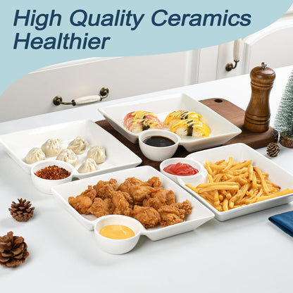 Chip and Dip Serving Platter Set of 4-8 Inch Ceramic Divided Plates with Sauce Compartment, Food-Safe Snack Plate for Dumpling, Sushi, Appetizer, Taco - White