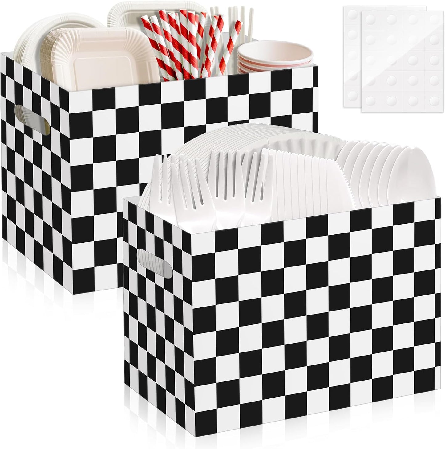 2PCS Red Gingham Utensil Holder Paper Utensil Caddy for Gingham Party Supplies Disposable Cutlery Holder with Handles Party Favors Cutlery Caddy for Red and White Checkered Birthday Decorations