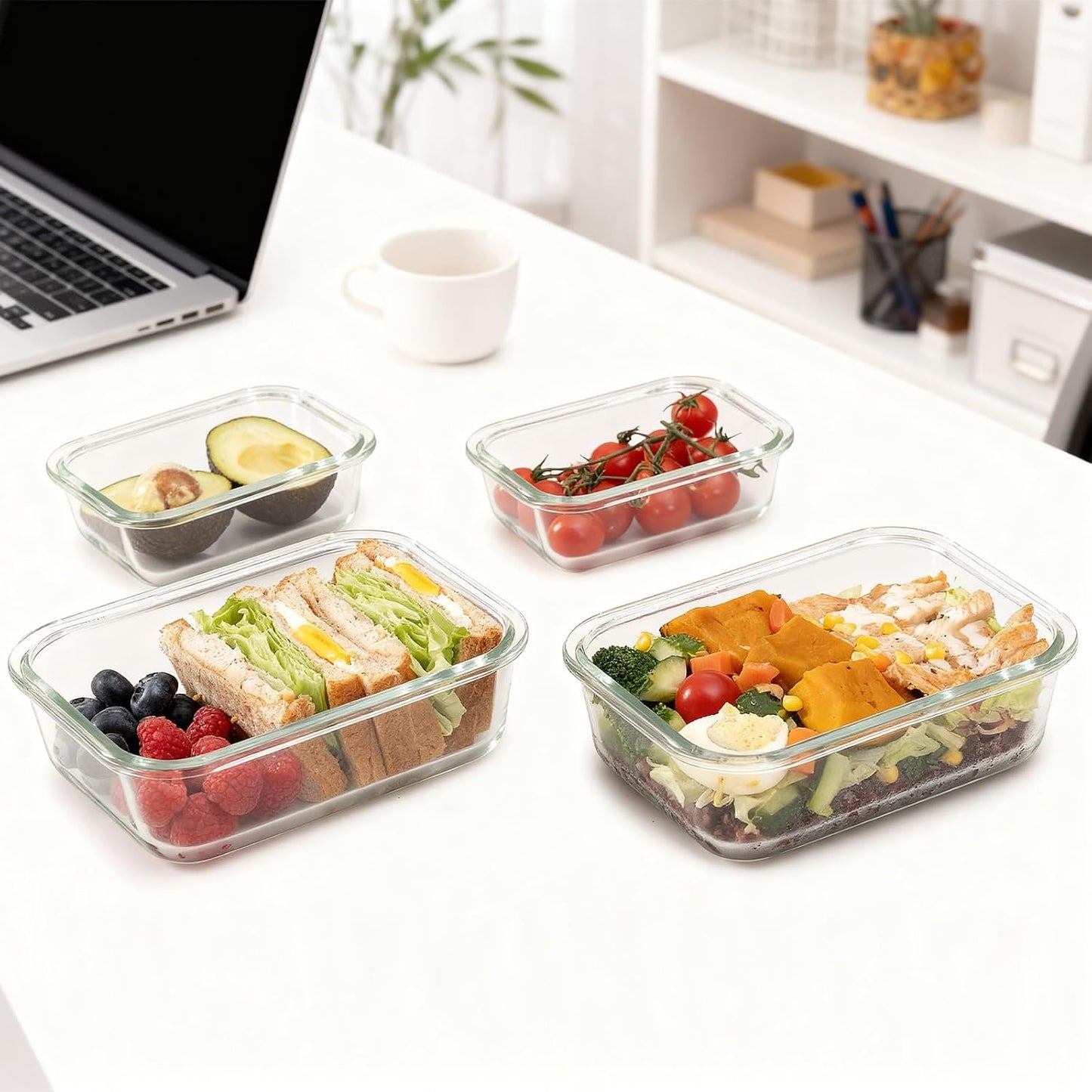 GENICOOK Glass Food Storage Containers With Glass Lids Bento Box Set Lunch Box Eco Friendly Meal Prep Containers Airtight – Plastic Free, Silicon Sleeve Bpa Free 4.4cup/ 5 * 1050ml