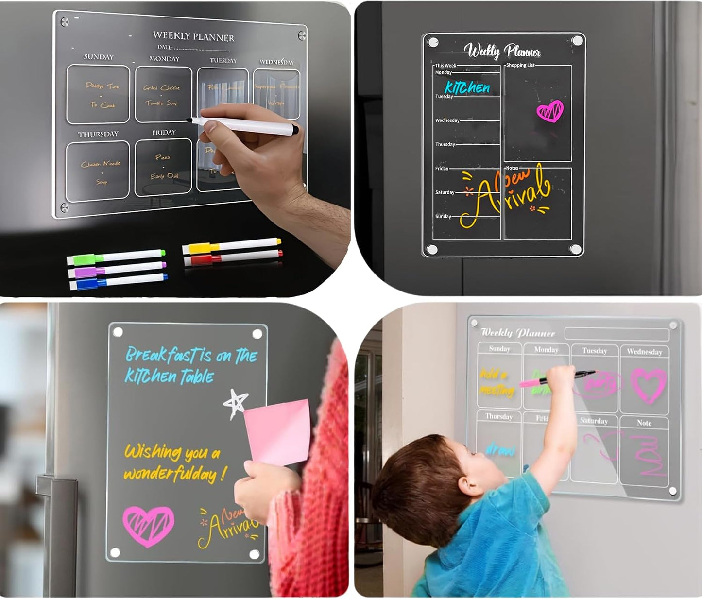 Acrylic Weekly Calendar Weekly Planner for Refrigerator - Clear Set of 2 Dry Erase Board Calendar for Fridge Reusable Planner,Kitchen & Office Planning Board （12"x16"） (YCL-007)