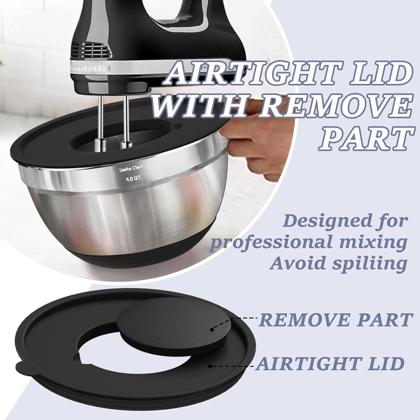 Umite Chef Mixing Bowls with Airtight Lids Set, 8PCS Stainless Steel Nesting Bowls with Grater Attachments, Non-Slip Bottoms, 5, 4, 3.5, 2, 1.5QT for Mixing & Serving