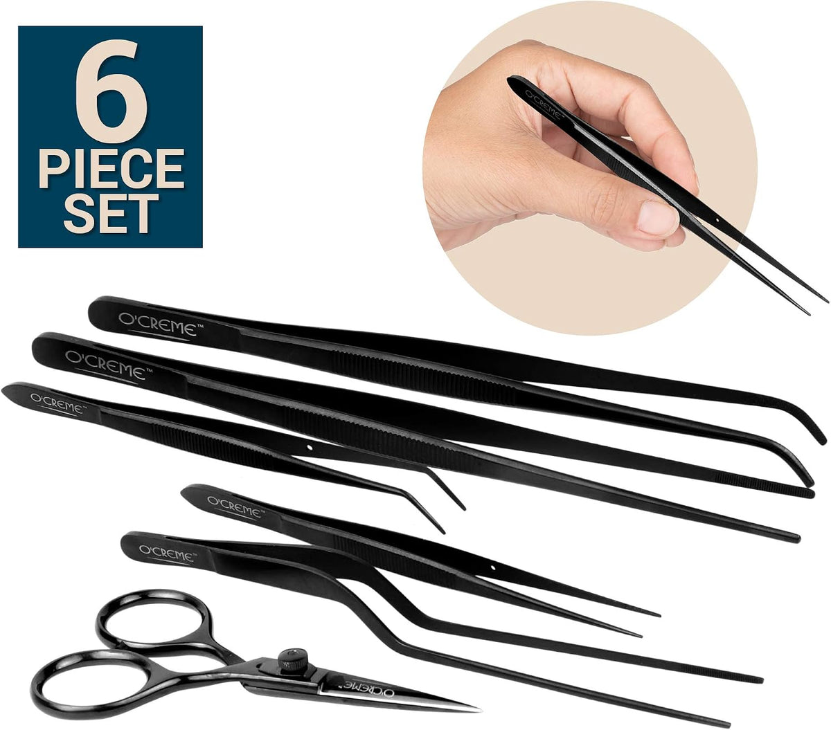 O'Creme Set of Culinary Tweezer Tongs Offset, Straight and Curved, Plus Super Sharp Chef Scissors, Total 6 Pieces (Rose Gold)
