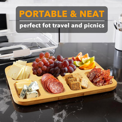 SpaceAid Charcuterie Board with Clear Lid, Portable Travel Cheese Cutting Boards for Picnic Accessories, Bamboo Serving Tray with Lids, House Warming Gifts, Black Handles, 8 Compartments