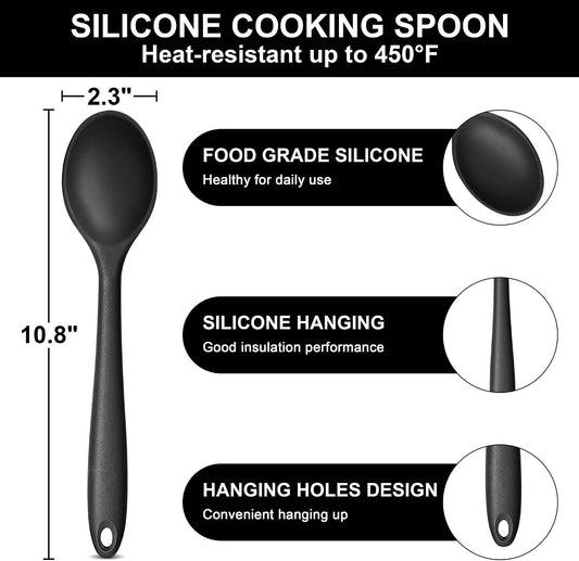 E-far Silicone Cooking Spoon Set of 2, Heat Resistant Kitchen Spoons Utensils Nonstick Mixing Spoon for Baking Stirring Serving, Non-Toxic & Dishwasher Safe (Black)