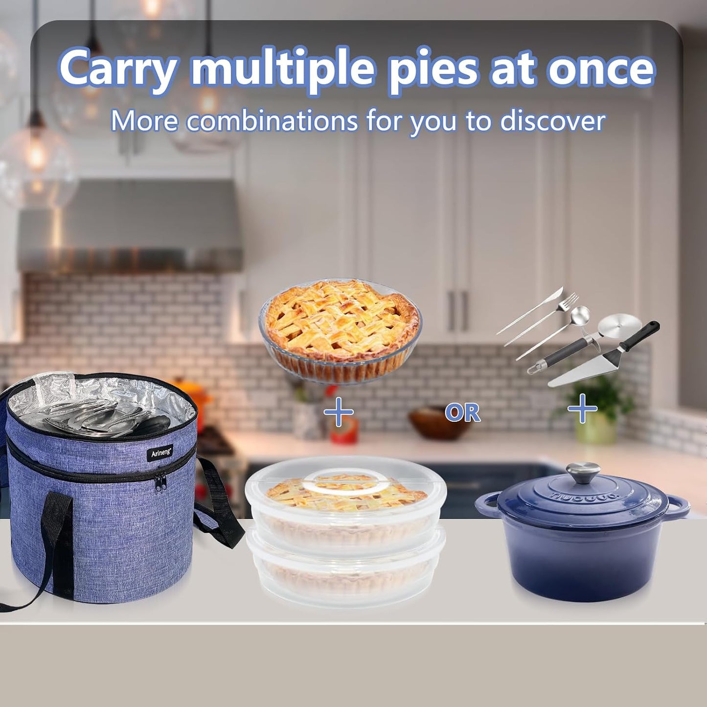 3 pack pie carrier with lid and handle,of insulated bag,pie carriers for transport,Holds 3 pies/Pizza,Thanksgiving Day (Grey, 3 pie carriers + insulated bag)