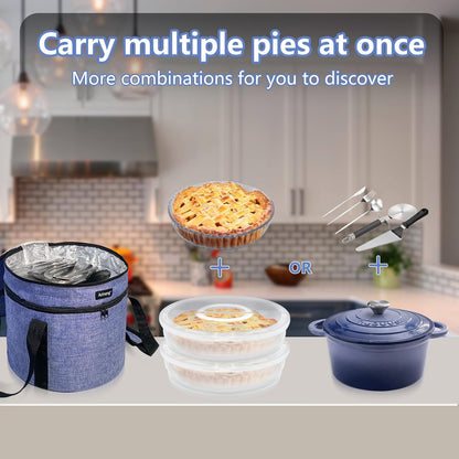 3 pack pie carrier with lid and handle,of insulated bag,pie carriers for transport,Holds 3 pies/Pizza,Thanksgiving Day (Grey, 3 pie carriers + insulated bag)
