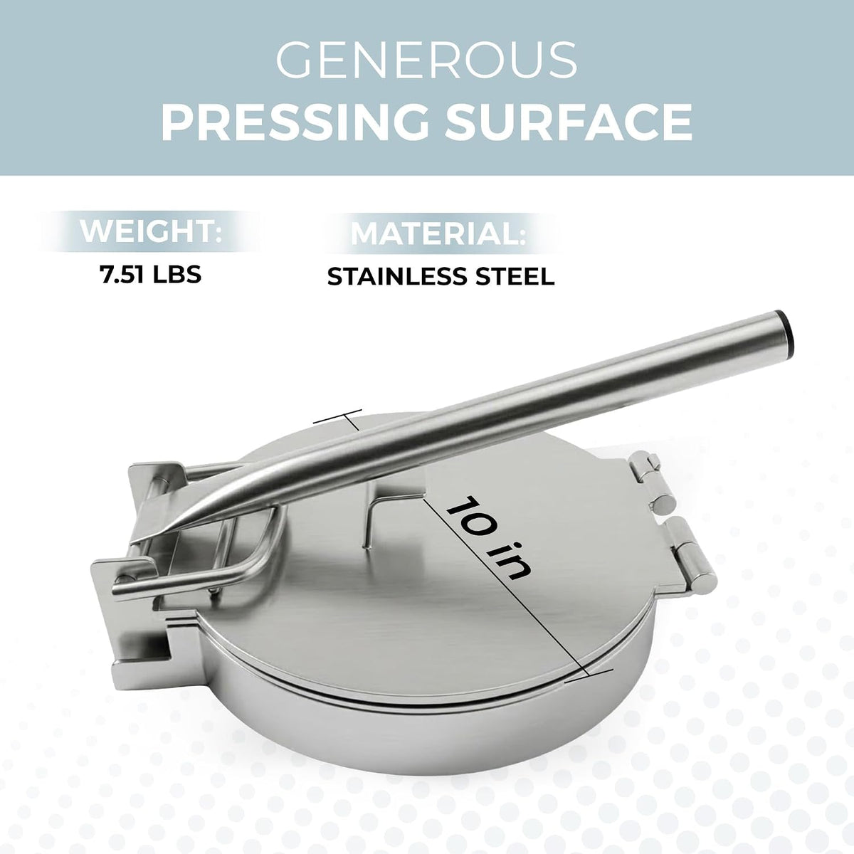 Alpha Living Large Stainless Steel Tortilla Press - Heavy Duty Round Tortilla Maker with Reinforced Handle Base - Manual Dough Press for Flour Tortillas, Naan, Empanadas, Flatbread, Pizza Dough