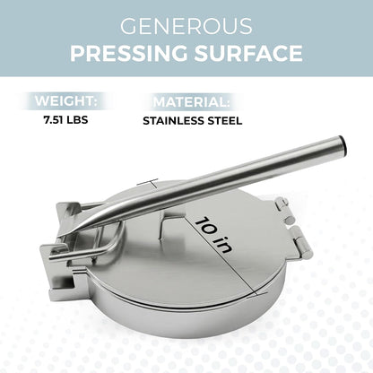Alpha Living Large Stainless Steel Tortilla Press - Heavy Duty Round Tortilla Maker with Reinforced Handle Base - Manual Dough Press for Flour Tortillas, Naan, Empanadas, Flatbread, Pizza Dough
