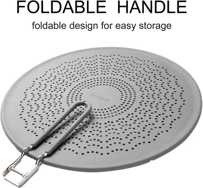 13” Silicone Splatter Screen Pan Cover with Folding Handle, Heat Insulation Cooling Mat, Strainer, Drain Board, Oil Splash Guard for Frying Pan