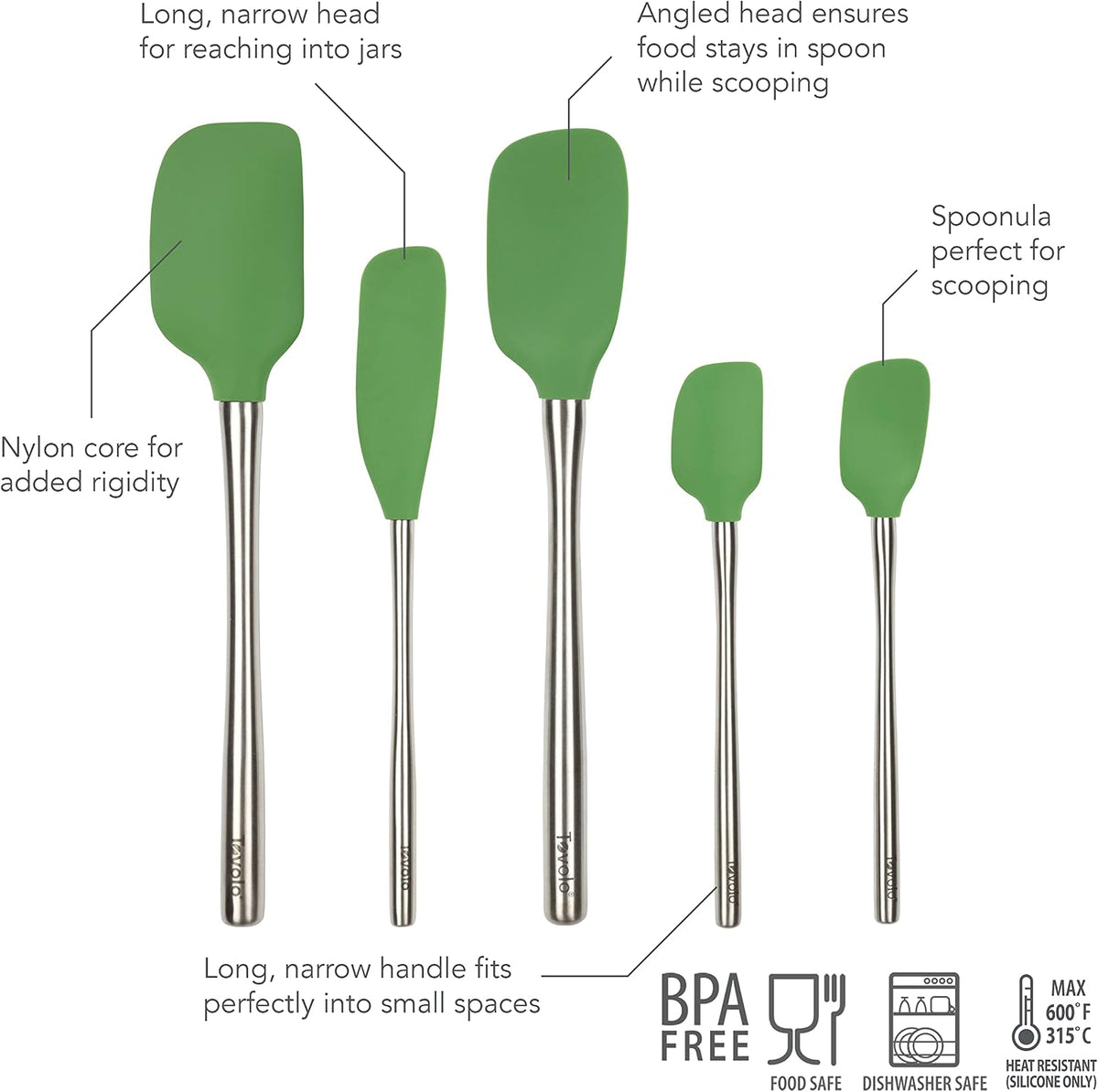 Tovolo Flex Core 5 Piece Silicone Spatula Set Heat Resistant All Silicone Utensils Include Non Stick Spatula Spoonula Jar Scraper, Dishwasher Safe BPA Free Spatulas for Baking Mixing, White